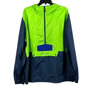 Columbia Mens Athletic Windbreaker Size Large Blue Green Packable 1/2 Zip Hooded
